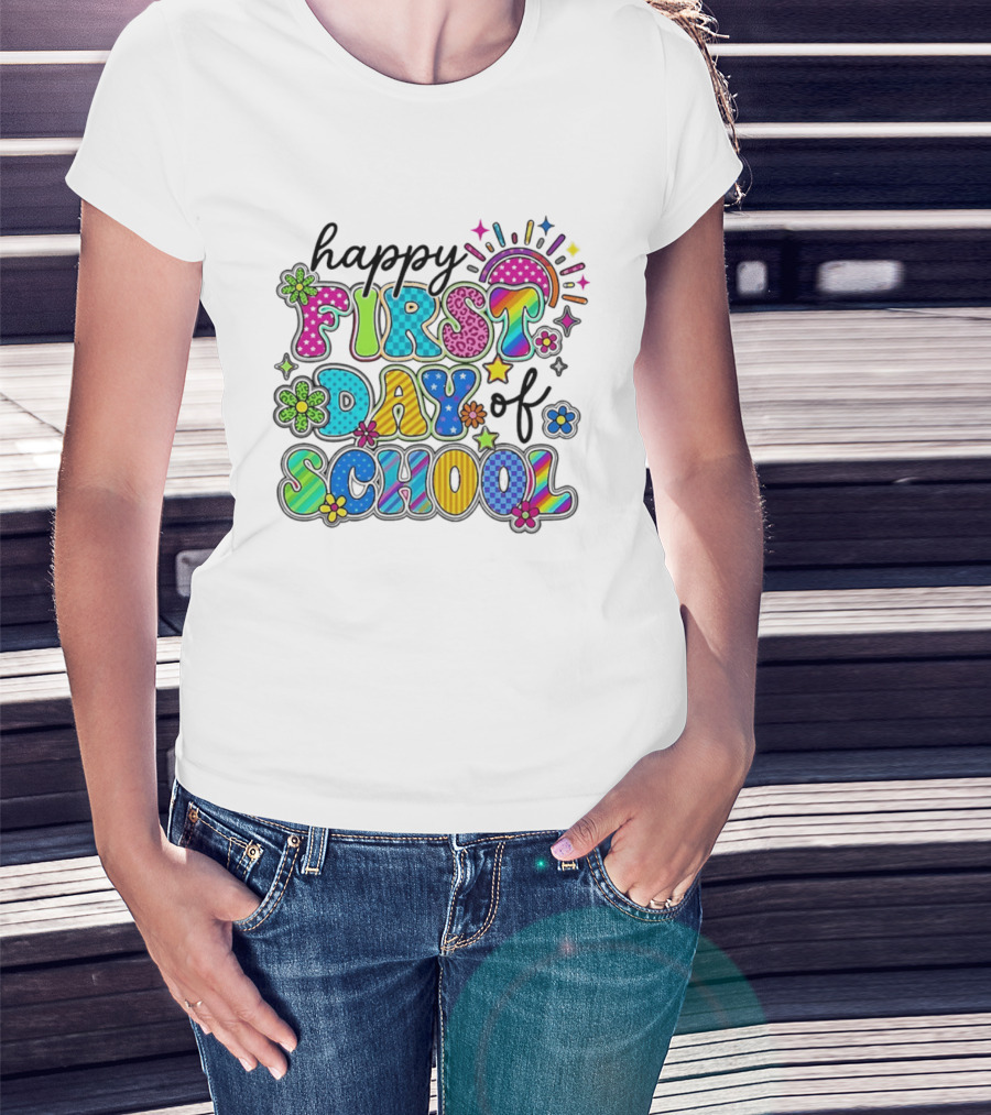 Happy First Day Of School Colorful Letter Collage T-Shirt