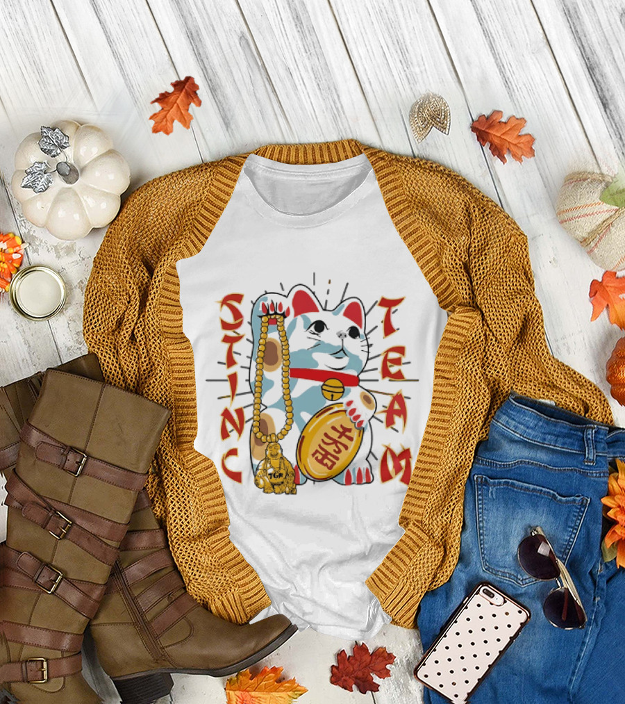 Stinc Team TGF Maneki Neko Lucky Cat With Buddha Figurine T-Shirt