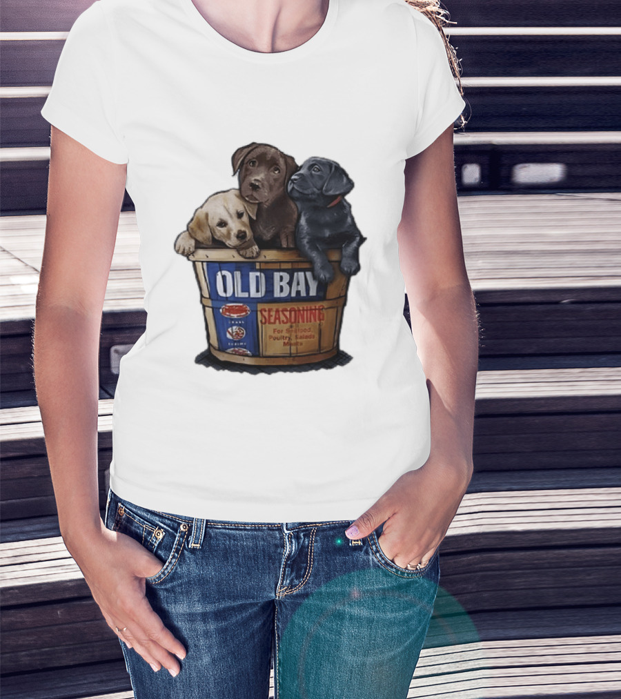Old Bay Seasoning Labrador Puppies In Bushel Basket For Seafood Poultry Salads Meats T-Shirt