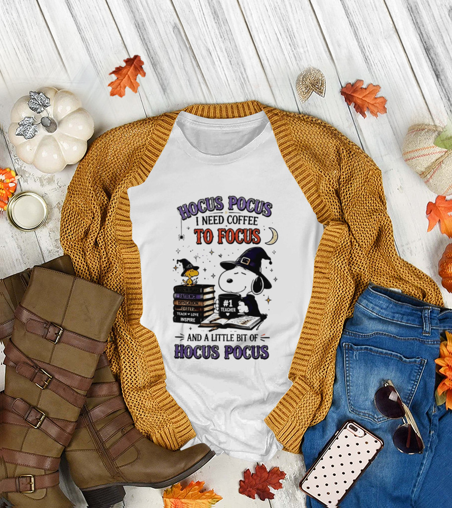 Snoopy Witch Hocus Pocus I Need Coffee To Focus No 1 Teacher Peanuts Halloween T-Shirt