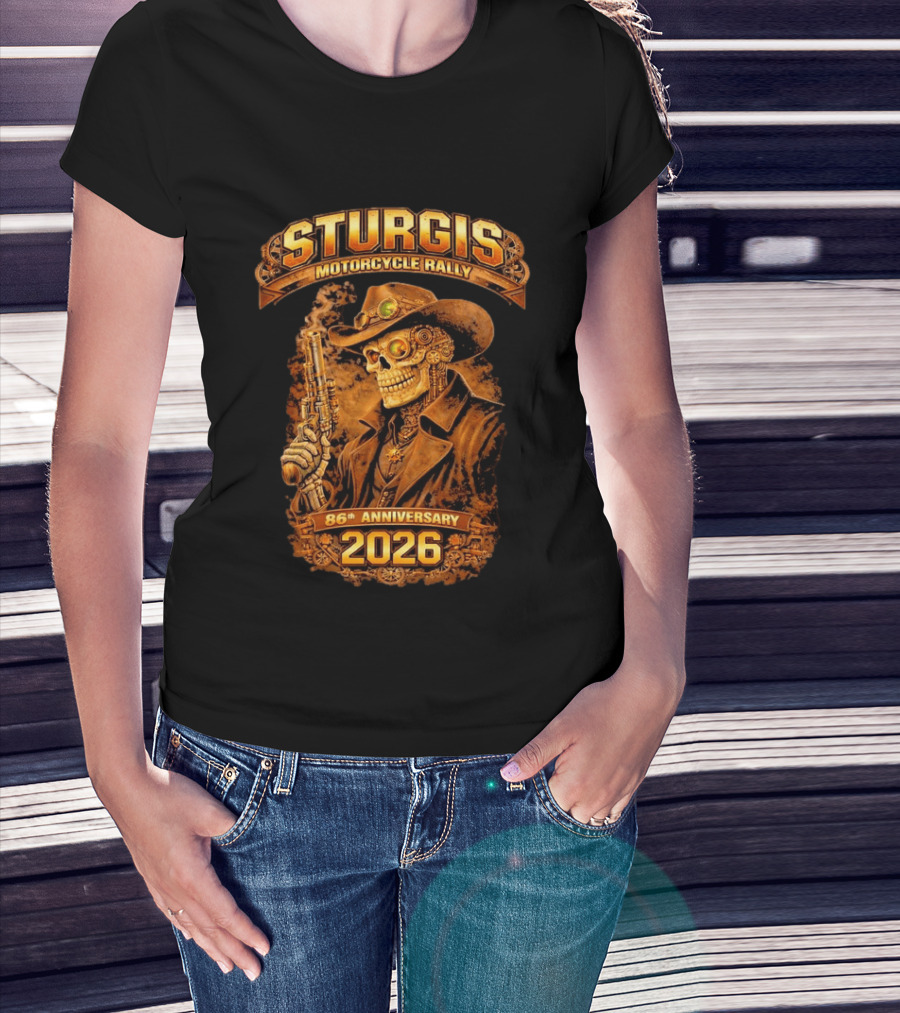 Sturgis Motorcycle Rally 2026 86th Anniversary Steampunk Cowboy Skull T-Shirt