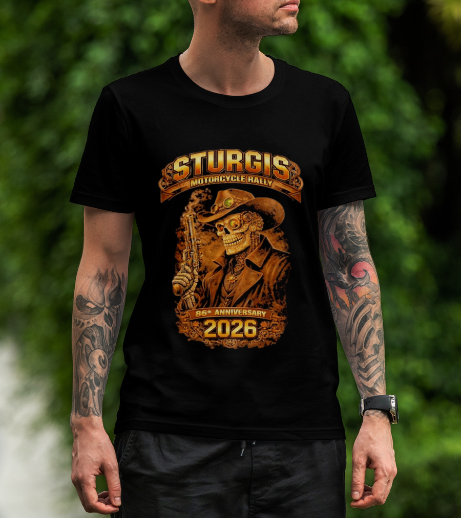 Sturgis Motorcycle Rally 2026 86th Anniversary Steampunk Cowboy Skull T-Shirt
