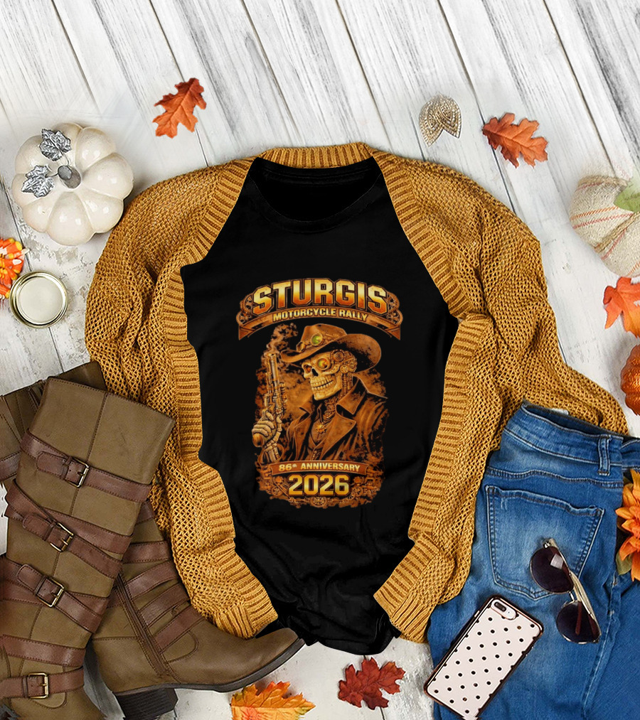 Sturgis Motorcycle Rally 2026 86th Anniversary Steampunk Cowboy Skull T-Shirt