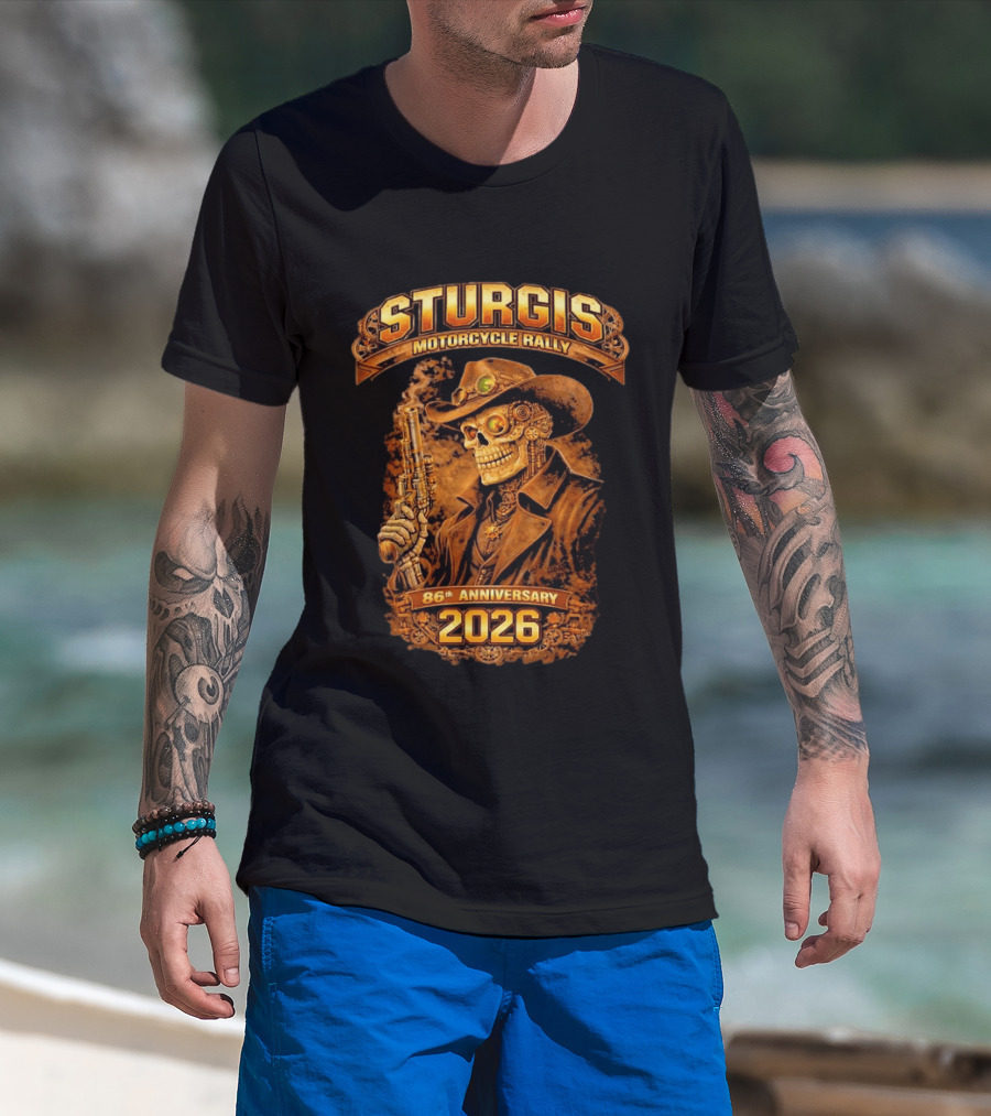 Sturgis Motorcycle Rally 2026 86th Anniversary Steampunk Cowboy Skull T-Shirt