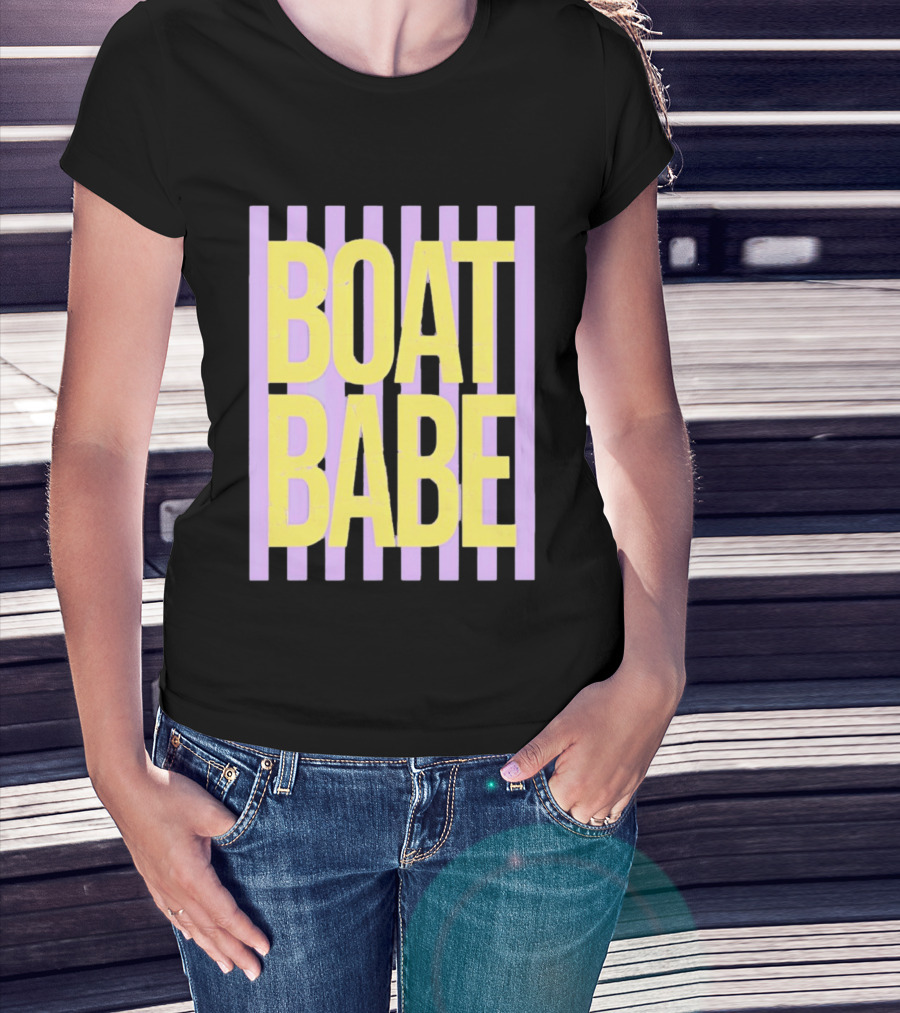 Boat Babe Distressed Striped Nautical Violet Yellow Letters T-Shirt