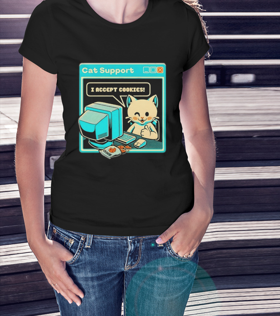 Cat Support I Accept Cookies Computer Cartoon Comic T-Shirt