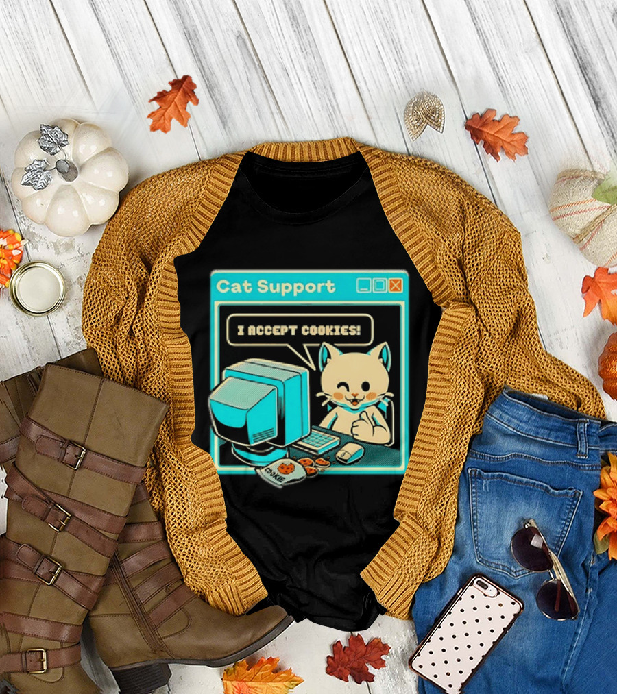 Cat Support I Accept Cookies Computer Cartoon Comic T-Shirt