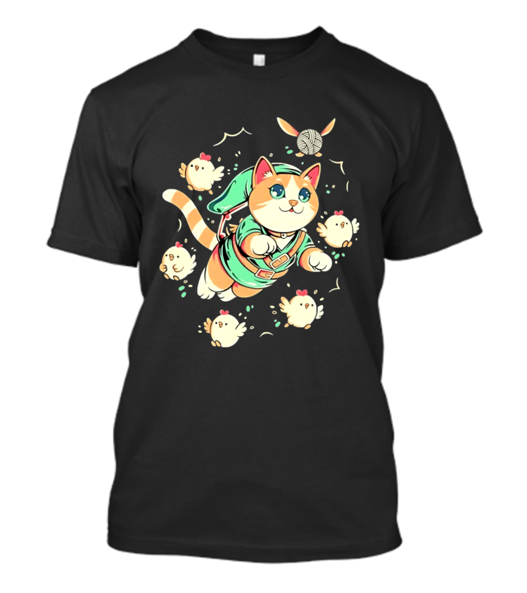 Fantasy Adventurer Cat In Green Tunic With Chickens And Yarn Ball T-Shirt