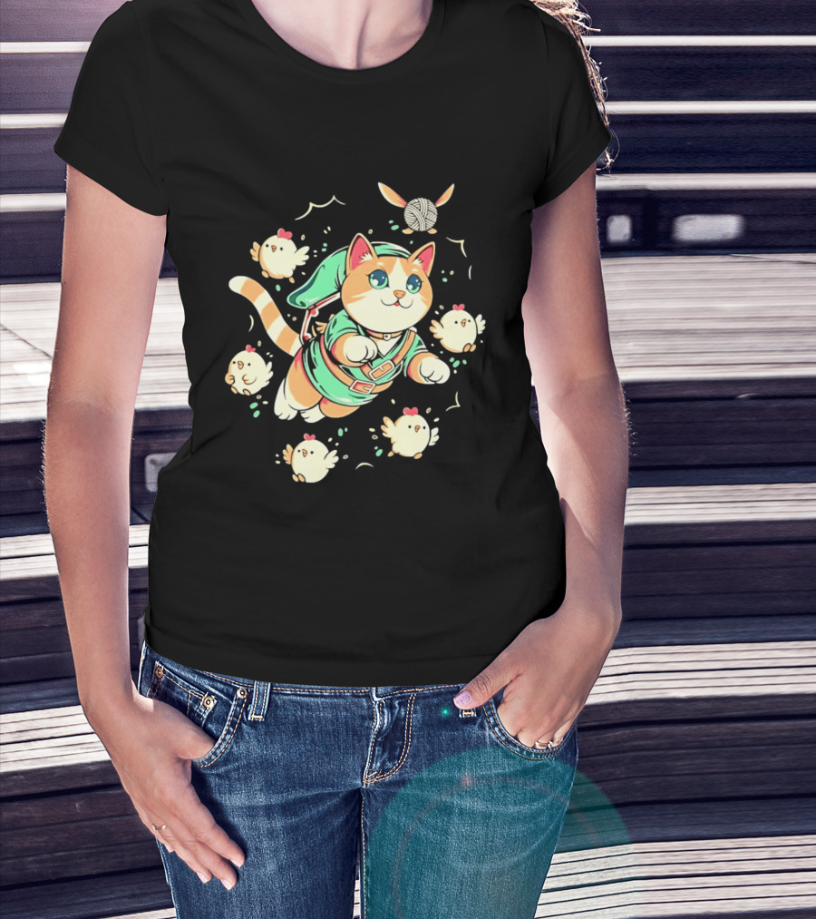 Fantasy Adventurer Cat In Green Tunic With Chickens And Yarn Ball T-Shirt