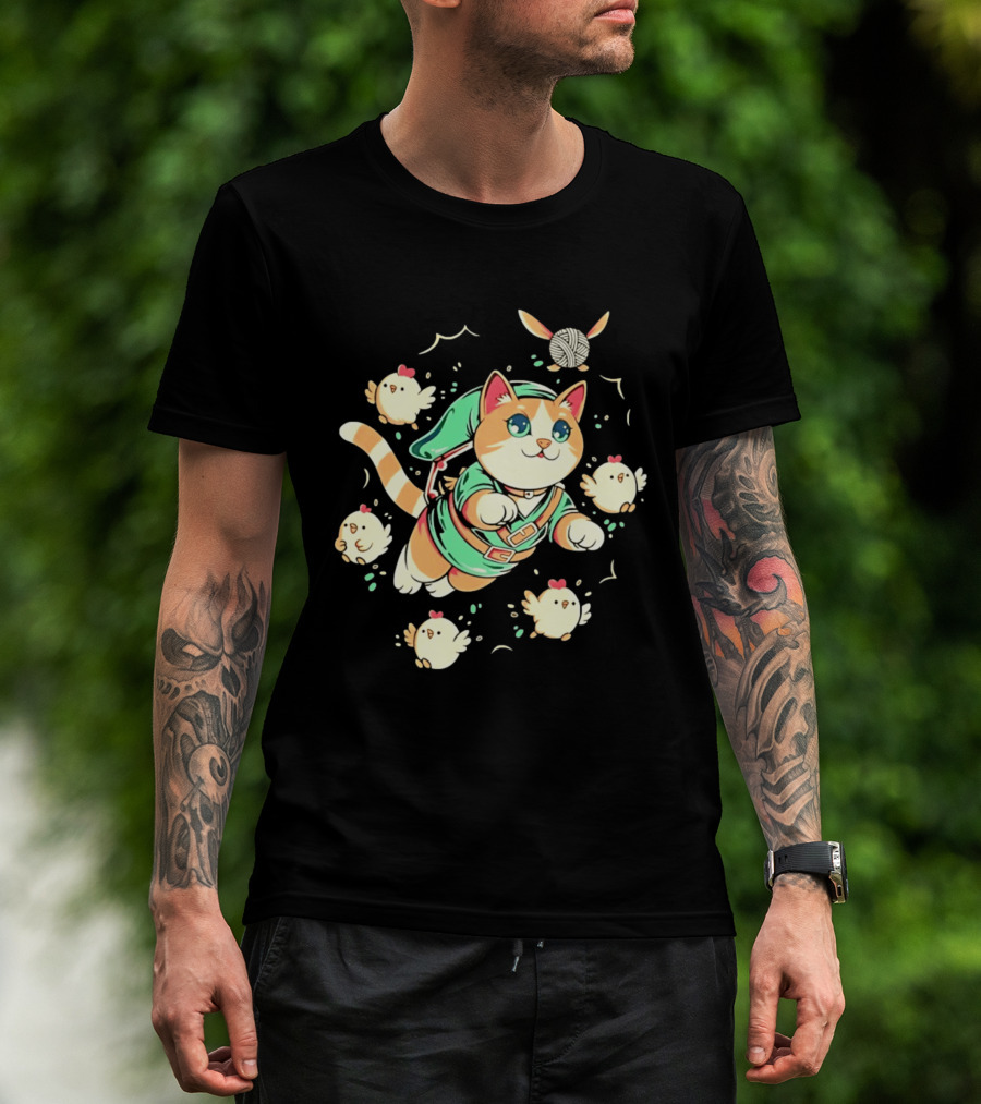 Fantasy Adventurer Cat In Green Tunic With Chickens And Yarn Ball T-Shirt