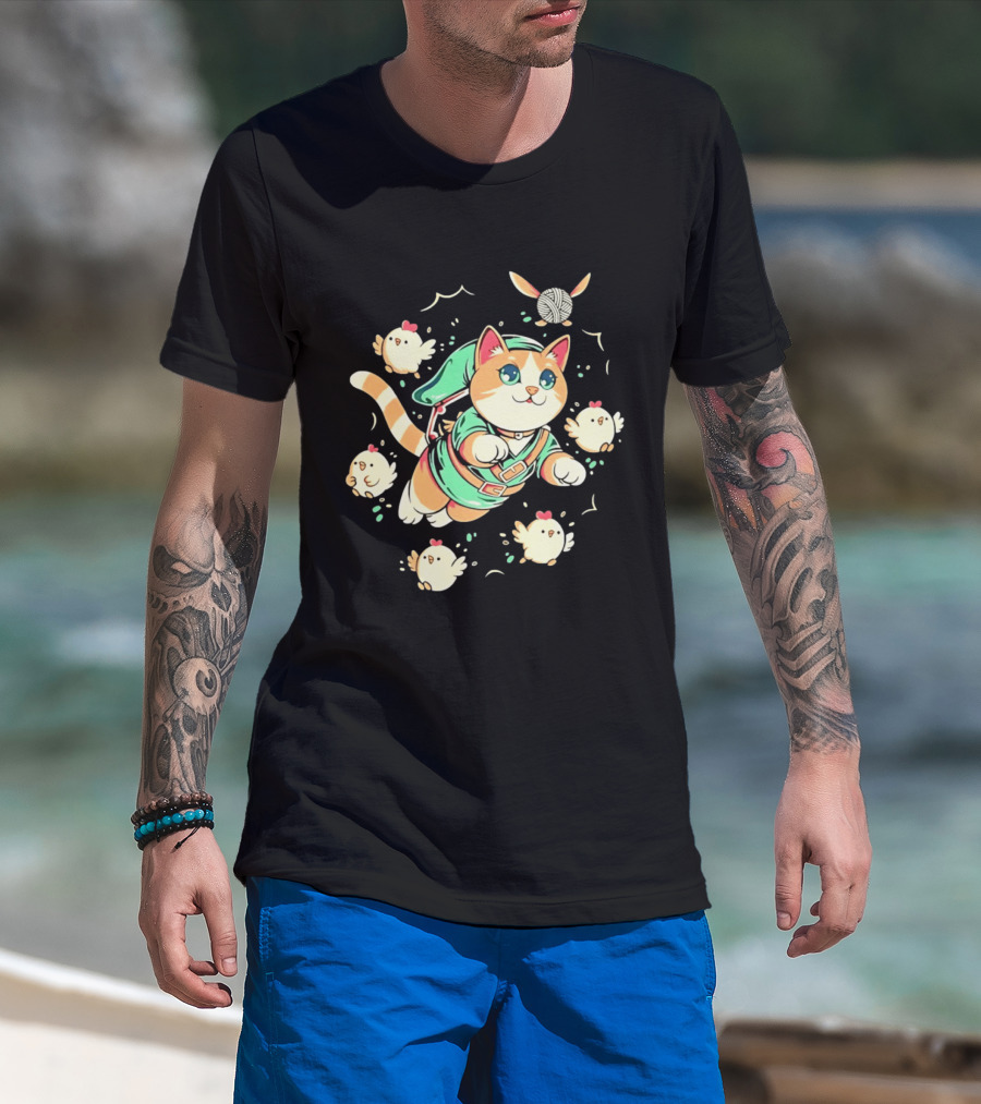 Fantasy Adventurer Cat In Green Tunic With Chickens And Yarn Ball T-Shirt