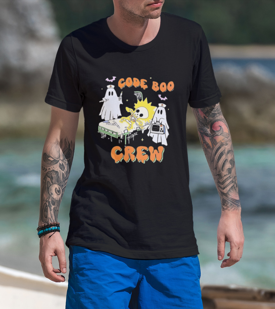 Code Boo Crew Halloween Ghost Nurse Skeleton Scene T-Shirt