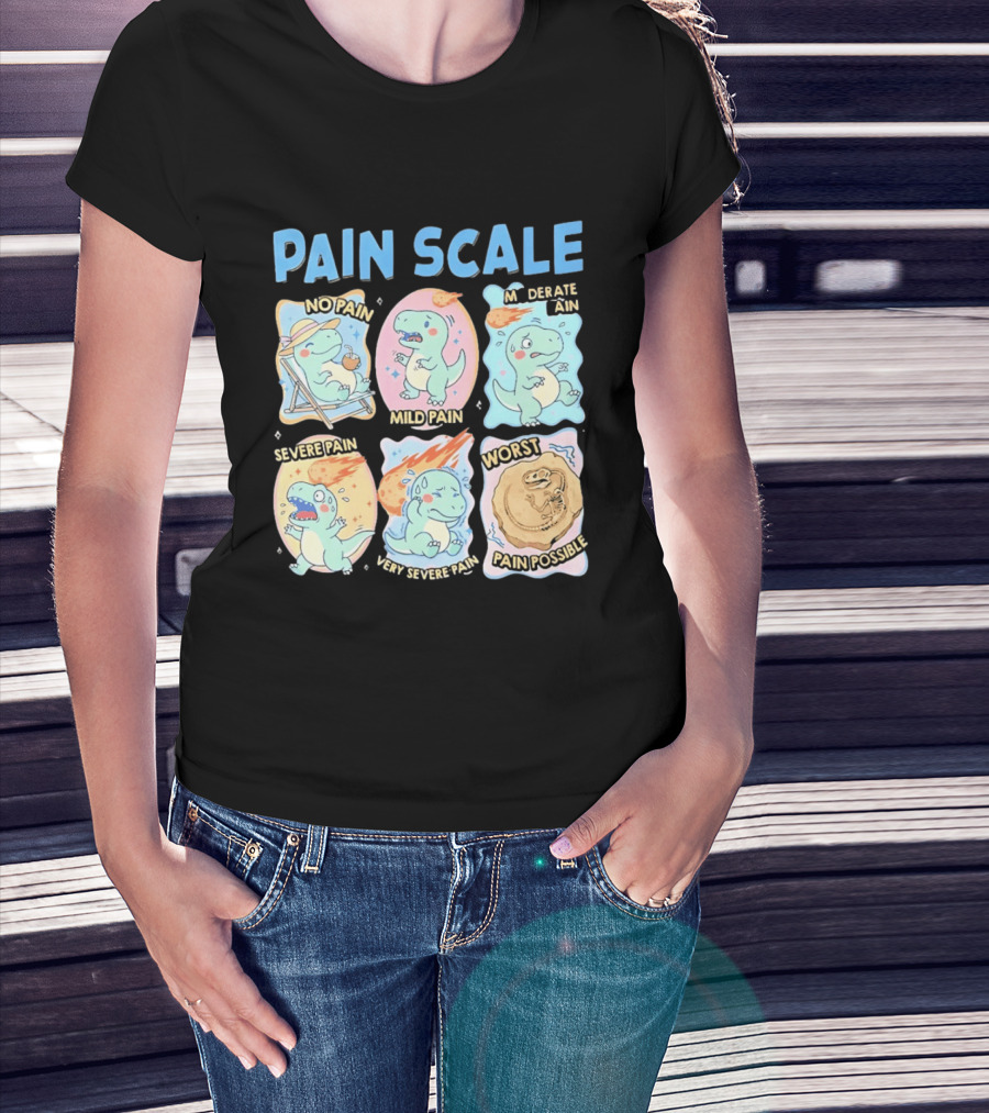 Pain Scale Cartoon Dinosaur Chart No Pain To Worst Pain Possible T-Shirt