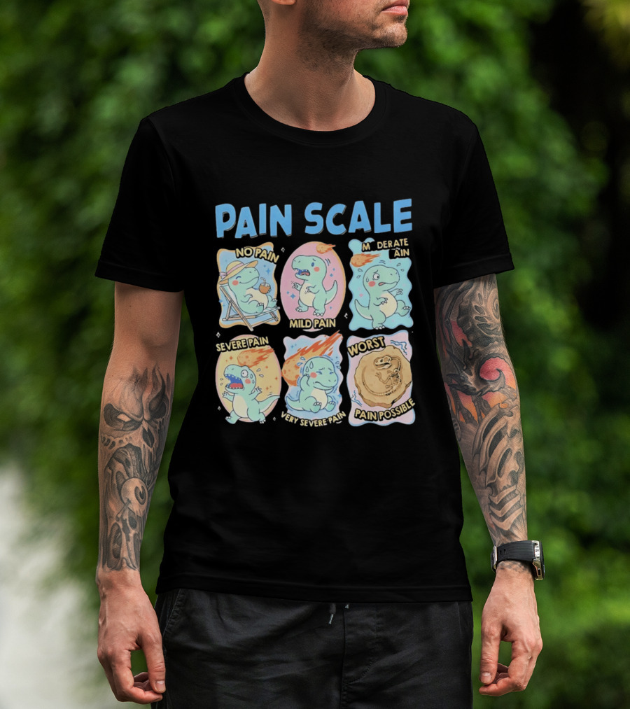 Pain Scale Cartoon Dinosaur Chart No Pain To Worst Pain Possible T-Shirt