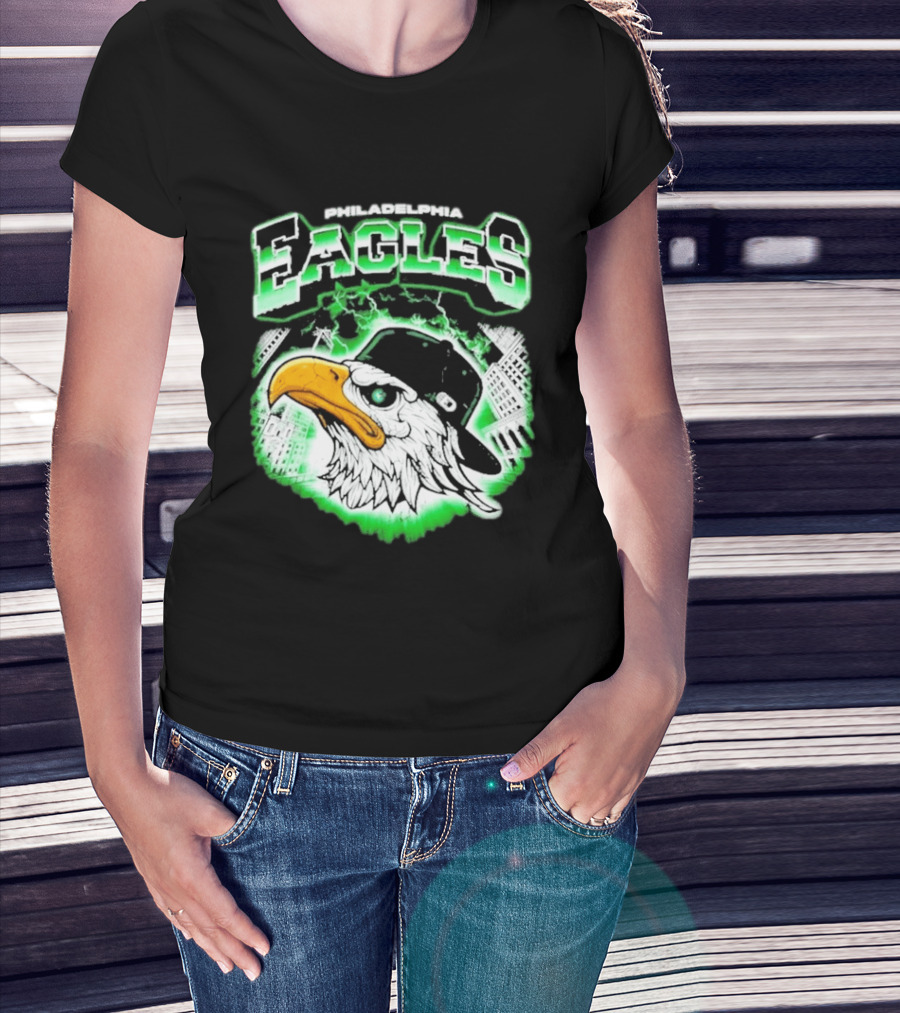 Philadelphia Eagles Mascot With Baseball Cap And City Skyline T-Shirt