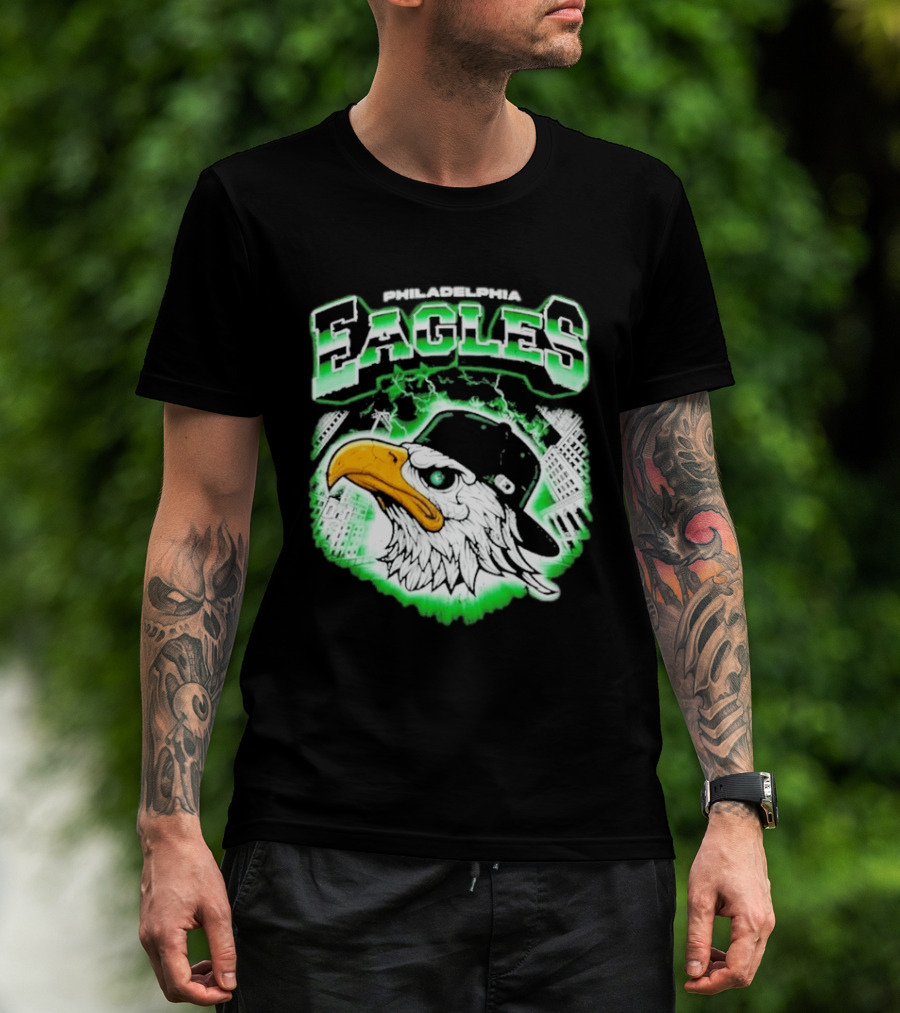 Philadelphia Eagles Mascot With Baseball Cap And City Skyline T-Shirt