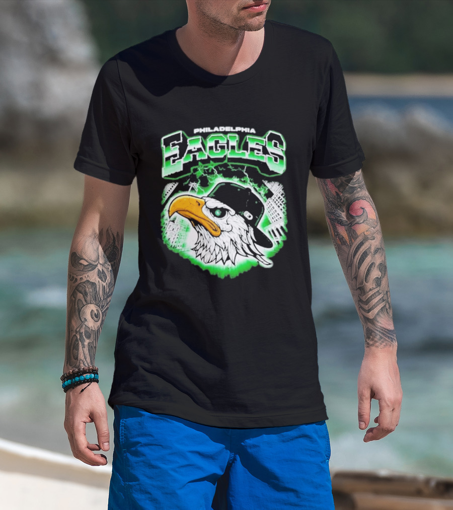 Philadelphia Eagles Mascot With Baseball Cap And City Skyline T-Shirt