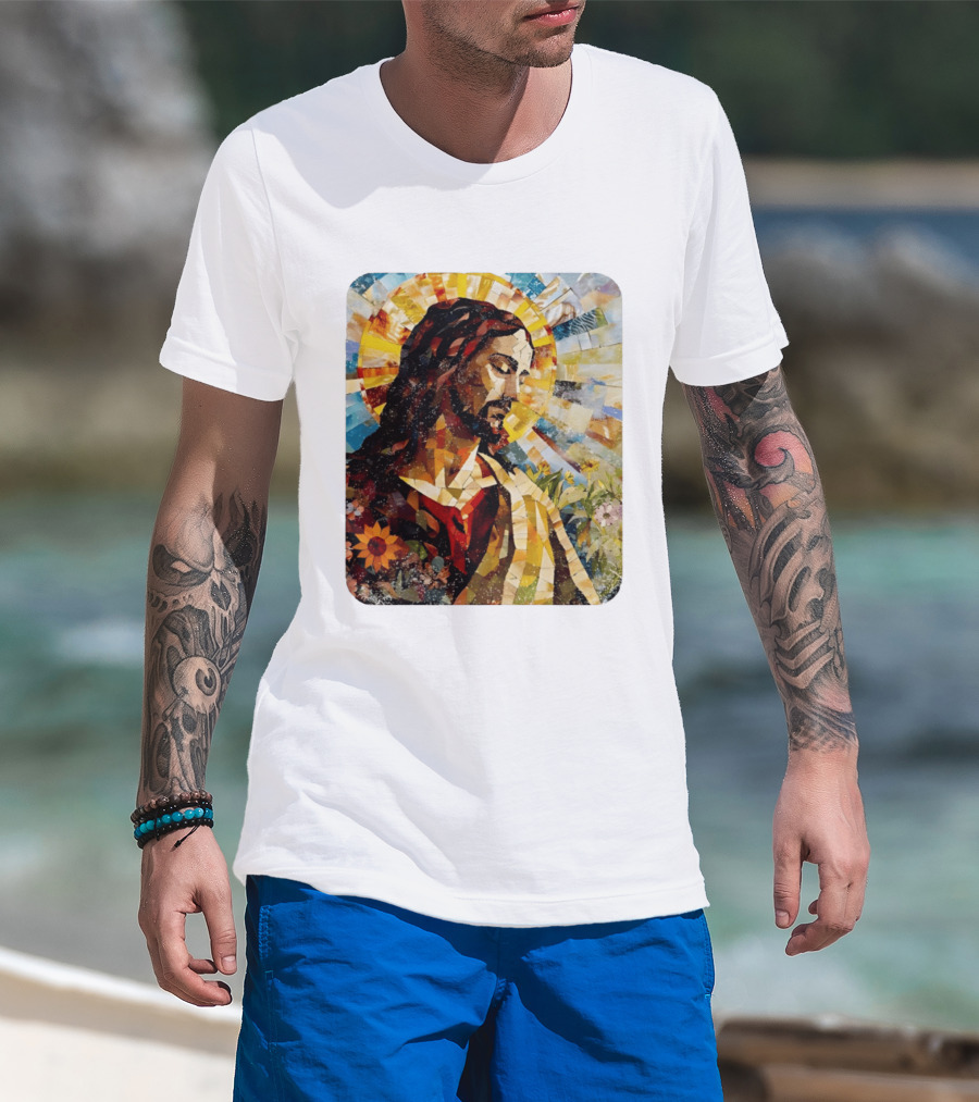 Jesus Christ Mosaic Sunflower Christian Religious T-Shirt