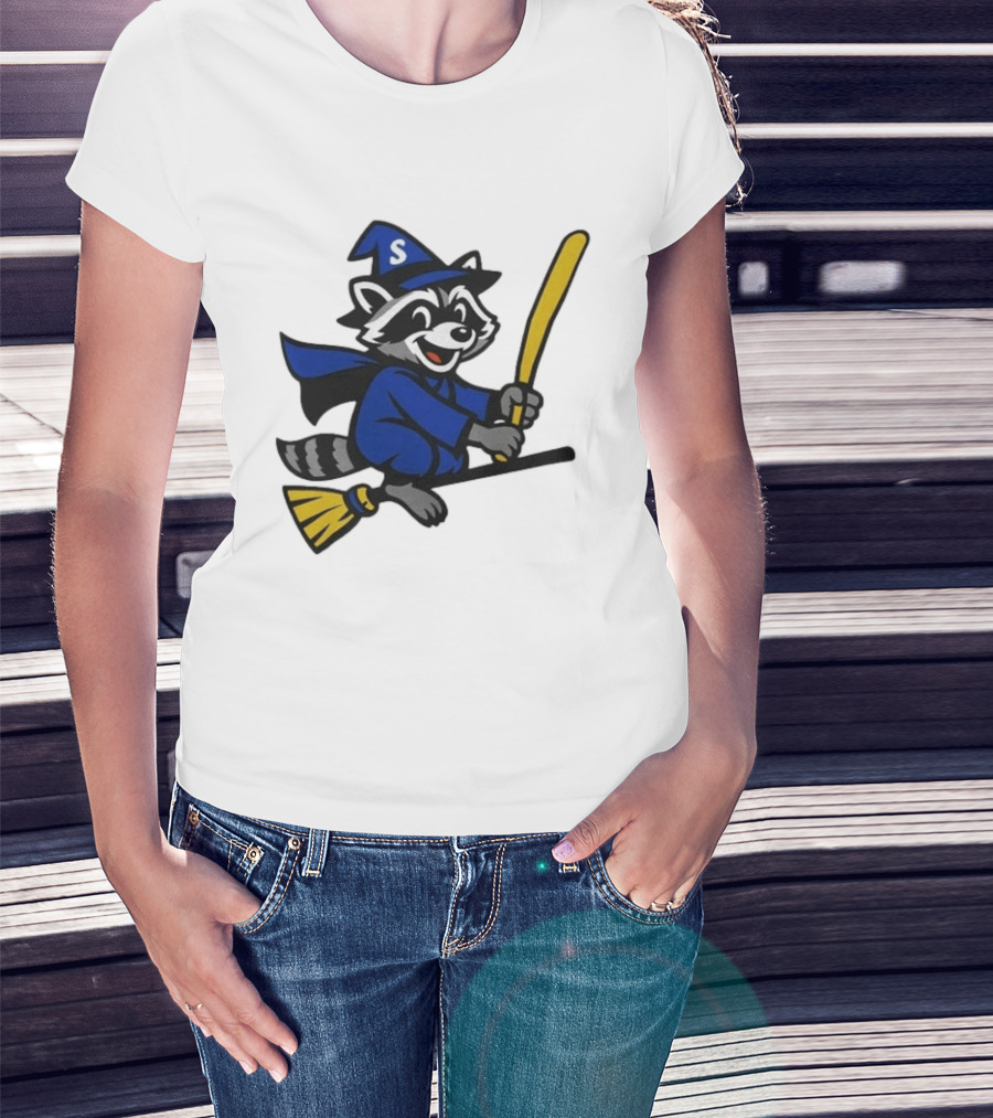 Seattle Mariners Jimothy The Etsy Witch Raccoon Flying Broomstick T-Shirt