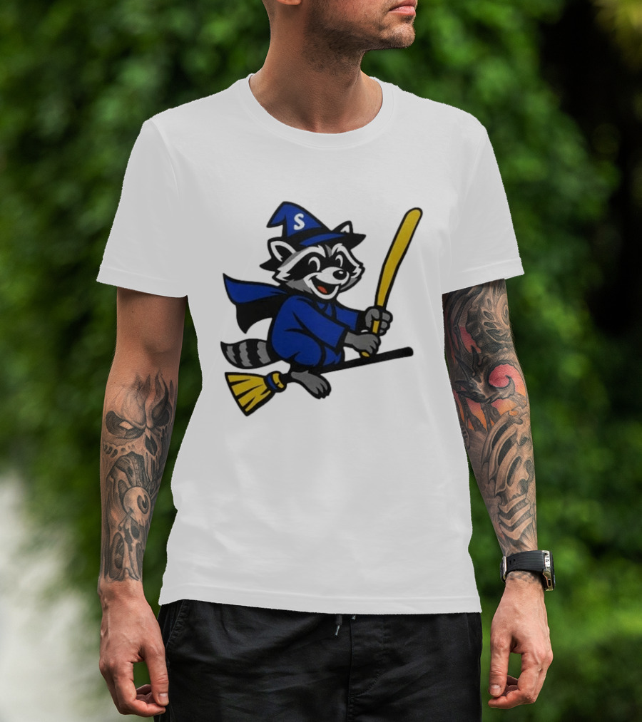 Seattle Mariners Jimothy The Etsy Witch Raccoon Flying Broomstick T-Shirt