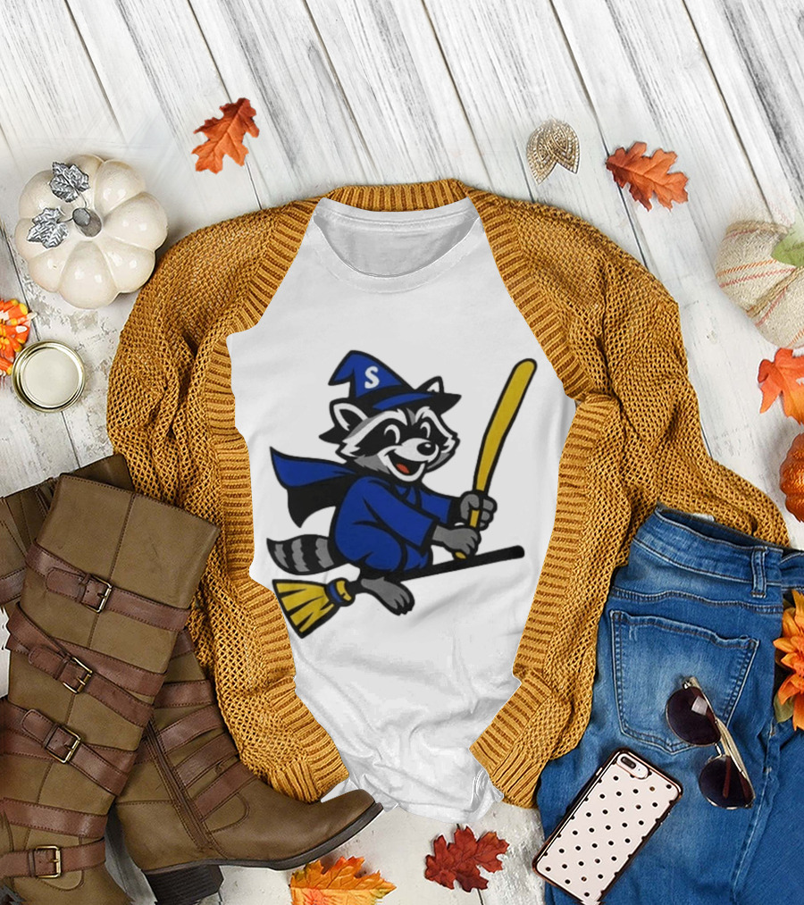 Seattle Mariners Jimothy The Etsy Witch Raccoon Flying Broomstick T-Shirt