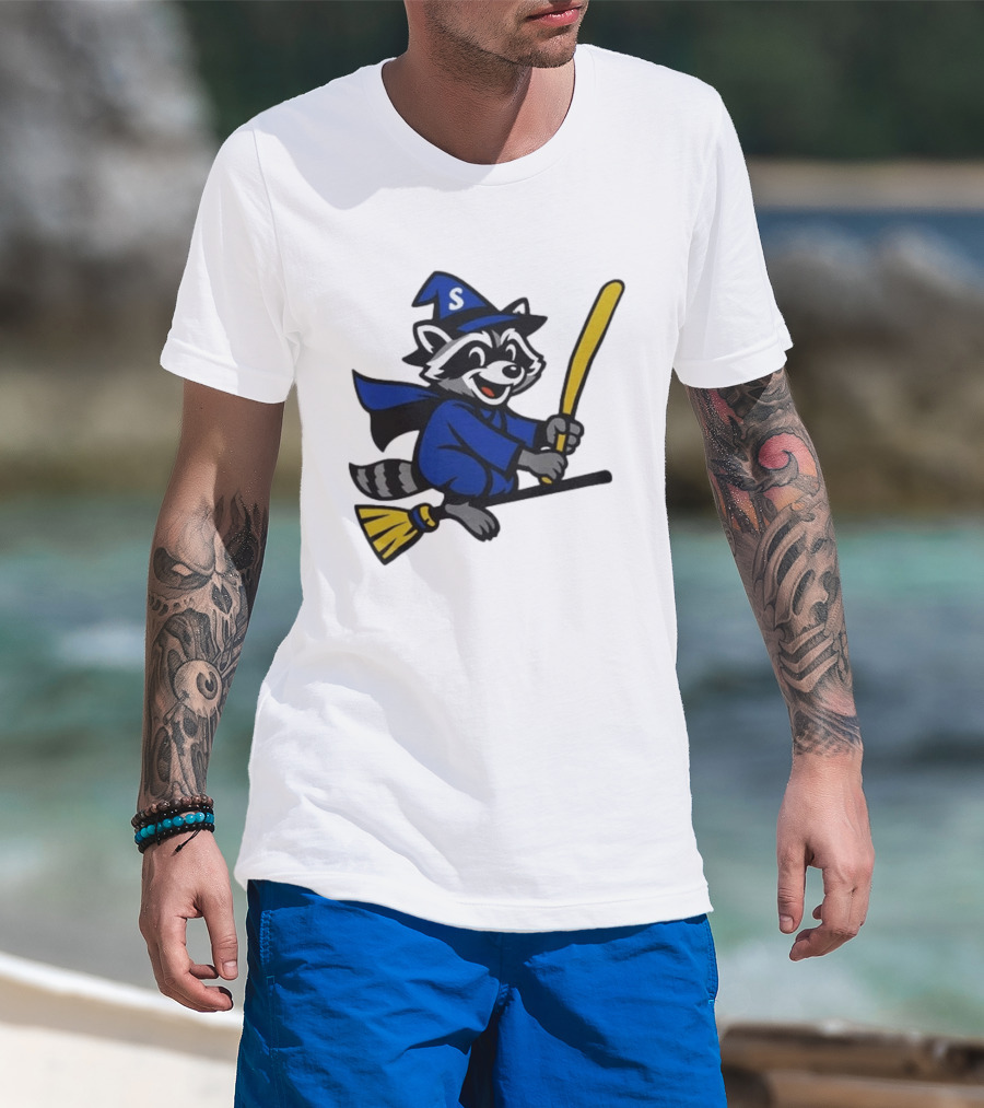 Seattle Mariners Jimothy The Etsy Witch Raccoon Flying Broomstick T-Shirt