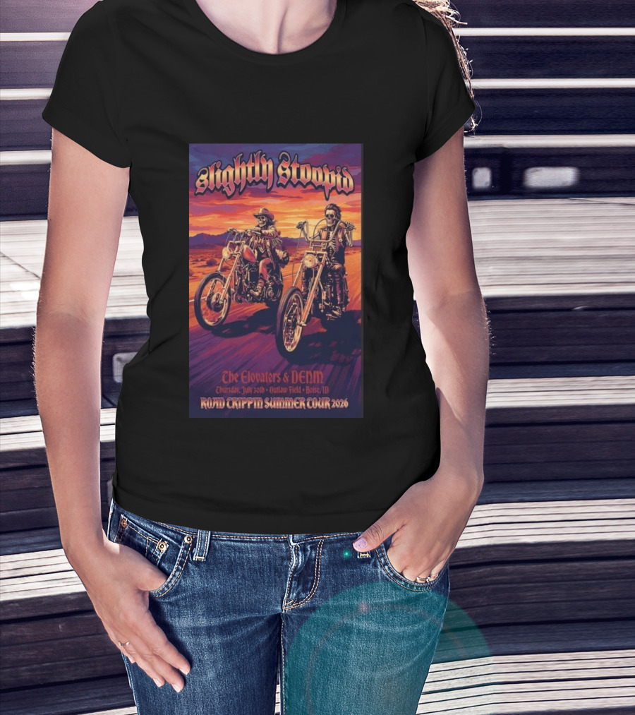 Slightly Stoopid Road Trippin Summer Tour 2026 The Elovaters DENM Boise Thursday July 30 Outlaw Field T-Shirt