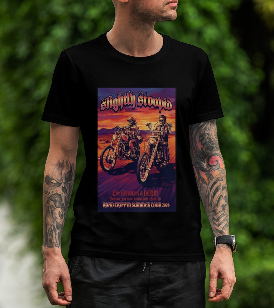 Slightly Stoopid Road Trippin Summer Tour 2026 The Elovaters DENM Boise Thursday July 30 Outlaw Field T-Shirt