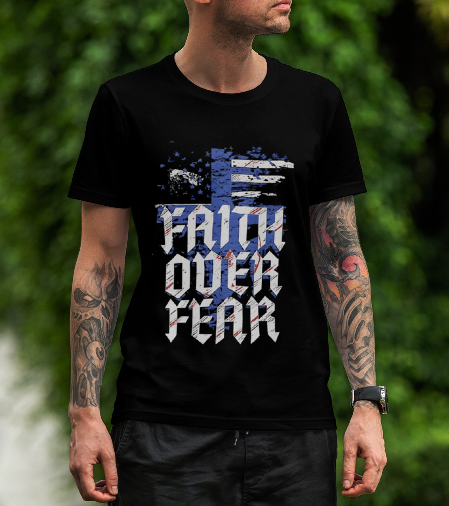 Faith Over Fear Distressed American Flag Cross T-Shirt