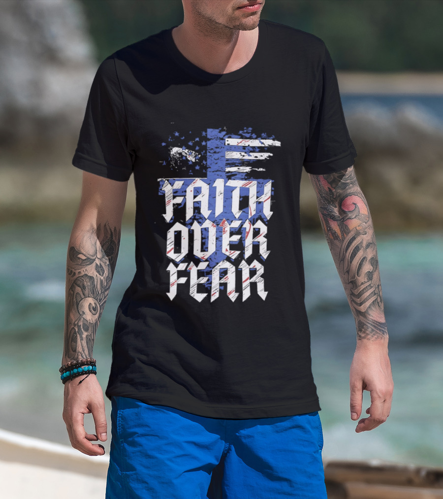 Faith Over Fear Distressed American Flag Cross T-Shirt