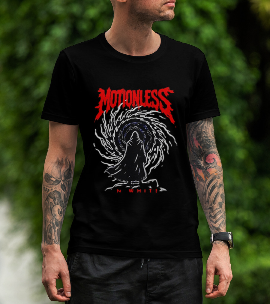 Motionless In White MIW The Sweat And Blood Tour 2026 Be Not Afraid Of The Dark Cloaked Figure Spiral T-Shirt