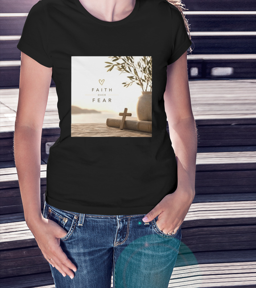Faith Over Fear Christian Cross Heart With Bible And Olive Branches T-Shirt