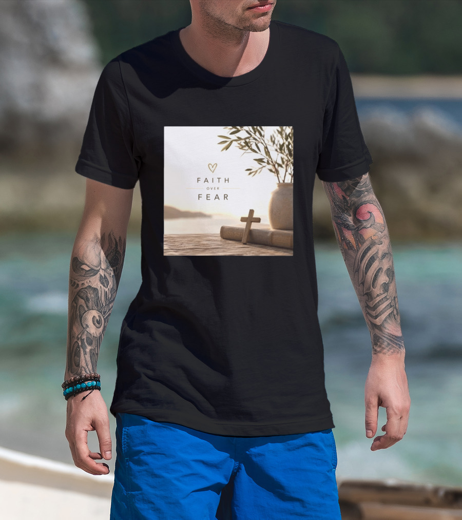 Faith Over Fear Christian Cross Heart With Bible And Olive Branches T-Shirt