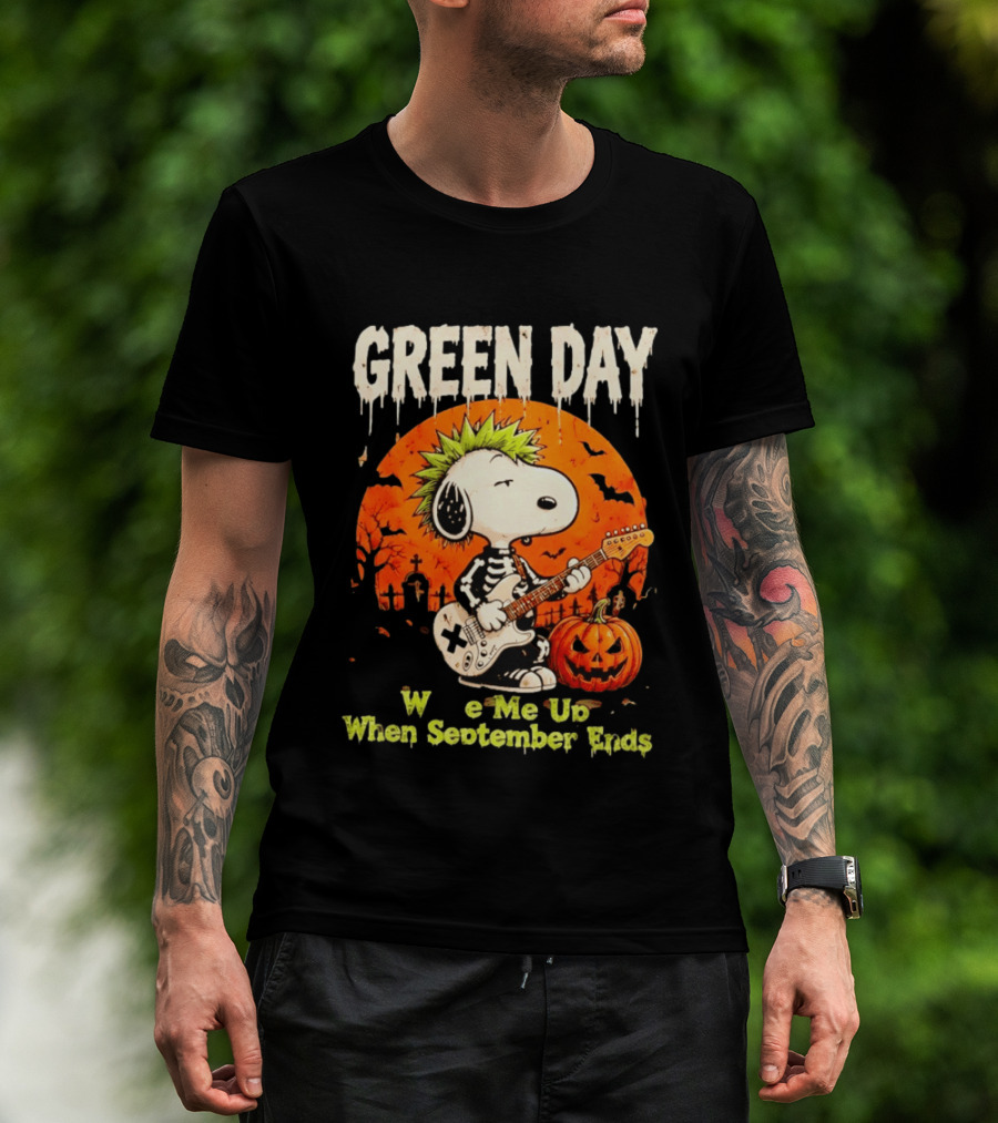 Green Day Snoopy Skeleton Guitar Wake Me Up When September Ends Halloween Pumpkin T-Shirt