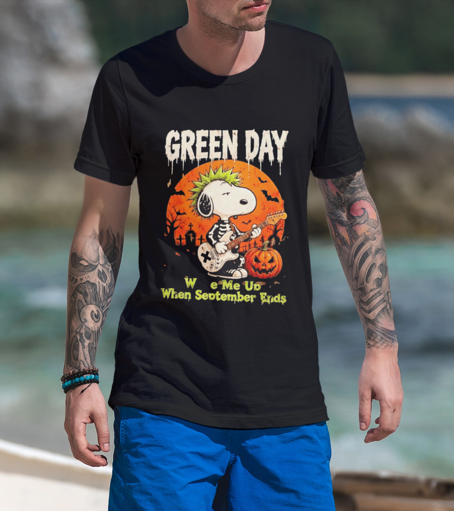 Green Day Snoopy Skeleton Guitar Wake Me Up When September Ends Halloween Pumpkin T-Shirt