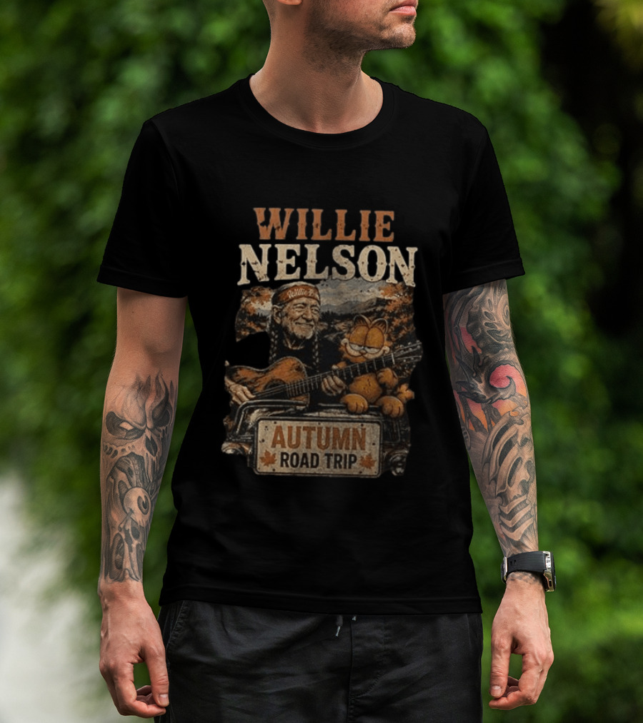 Willie Nelson Autumn Road Trip With Orange Cat T-Shirt