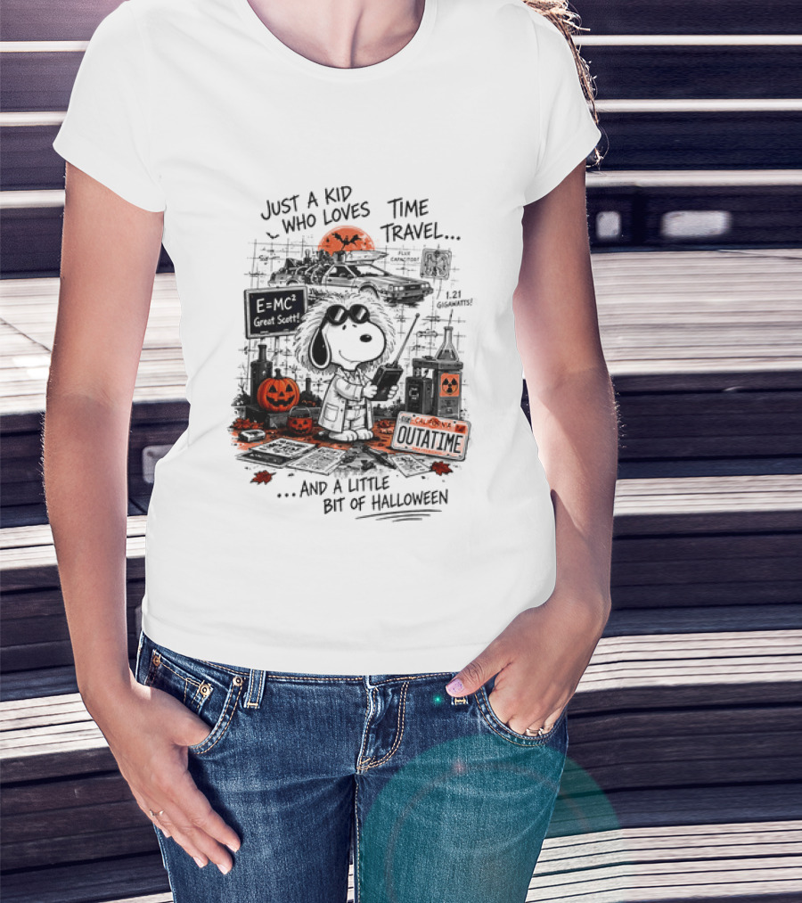 Snoopy Just A Kid Who Loves Time Travel Halloween Pumpkin Scene T-Shirt