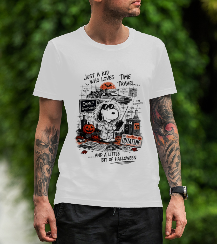 Snoopy Just A Kid Who Loves Time Travel Halloween Pumpkin Scene T-Shirt