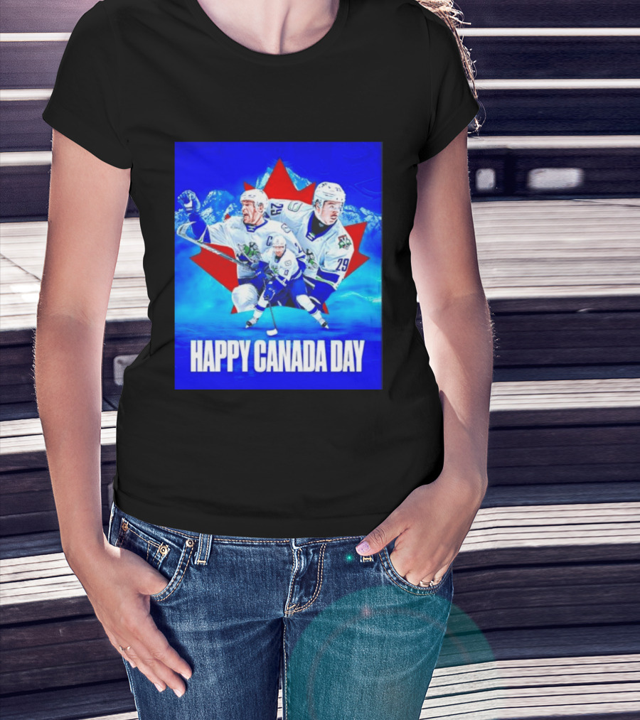 Abbotsford Canucks Happy Canada Day Celebration Collage With Hockey Players And Maple Leaf T-Shirt