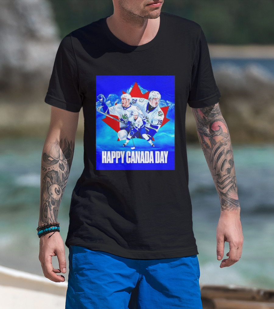 Abbotsford Canucks Happy Canada Day Celebration Collage With Hockey Players And Maple Leaf T-Shirt