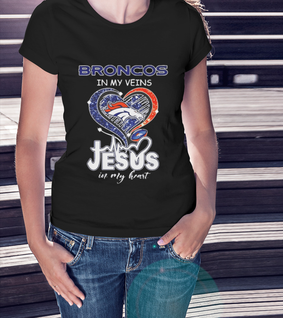 Denver Broncos In My Veins Heart Jesus In My Heart T-Shirt