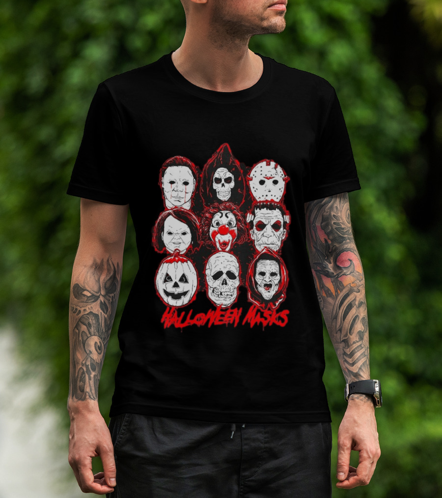 Horror Movie Characters Halloween Masks Skeleton Clown Jack O' Lantern T-Shirt