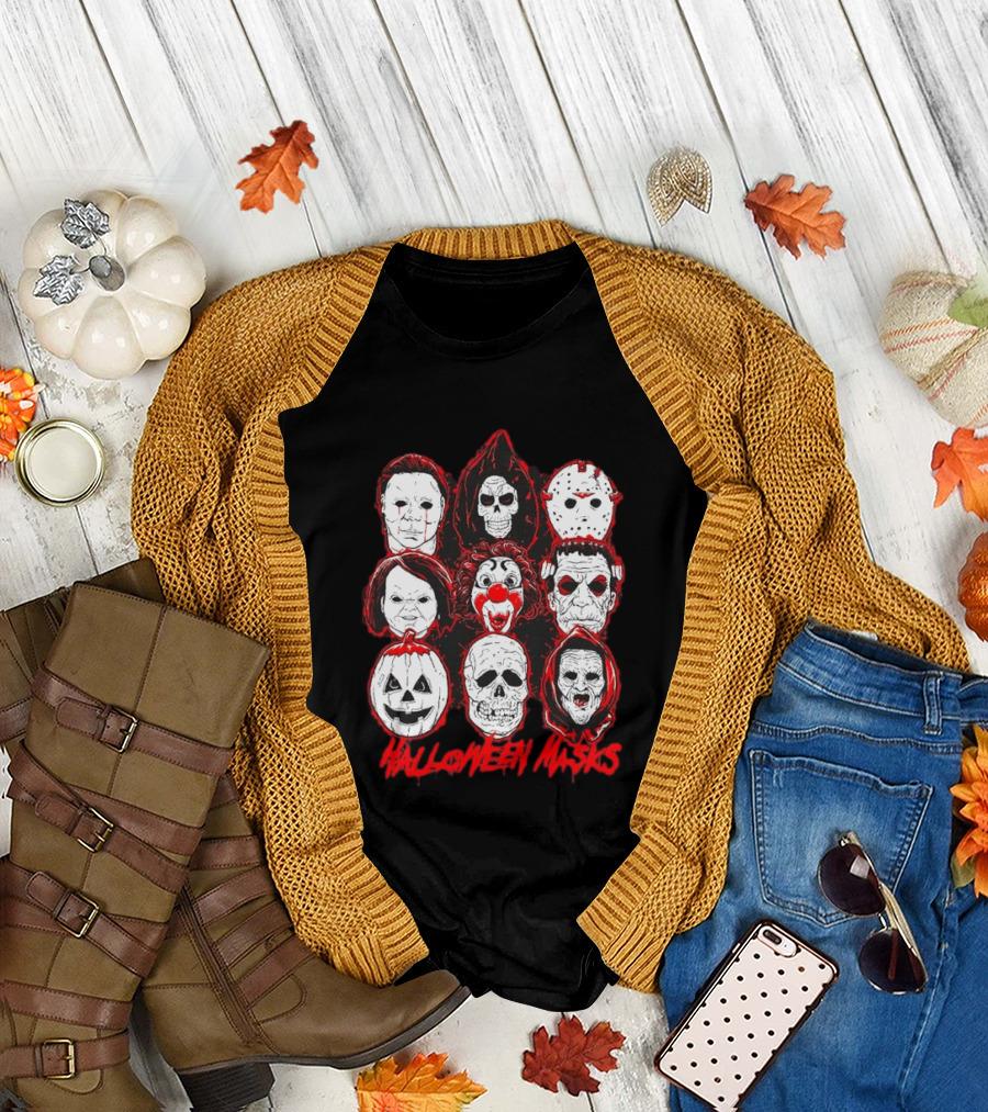 Horror Movie Characters Halloween Masks Skeleton Clown Jack O' Lantern T-Shirt