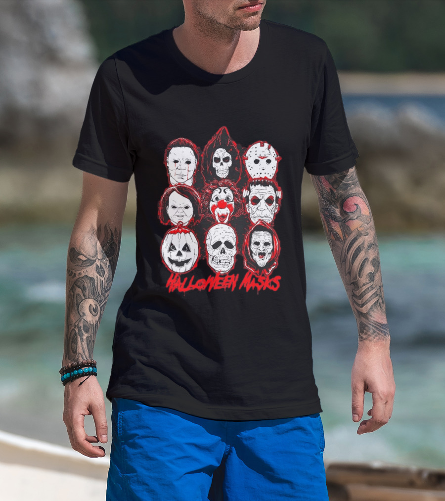 Horror Movie Characters Halloween Masks Skeleton Clown Jack O' Lantern T-Shirt