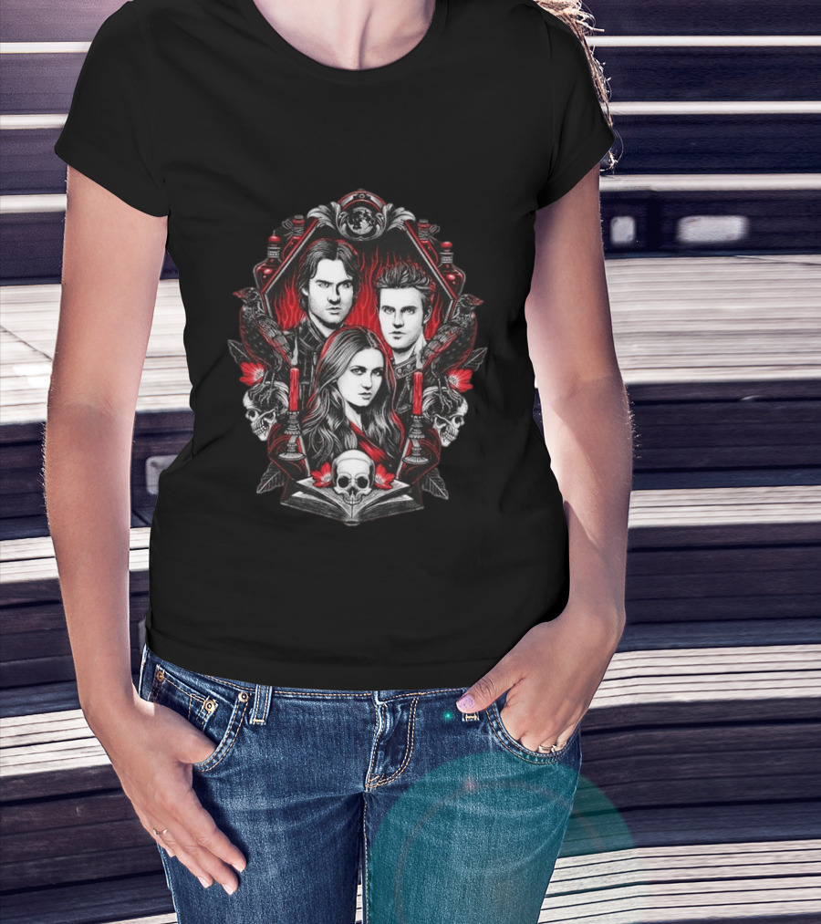 Vampire Blood The Vampire Diaries Damon Salvatore Stefan Salvatore Elena Gilbert Skull Candle Ravens T-Shirt