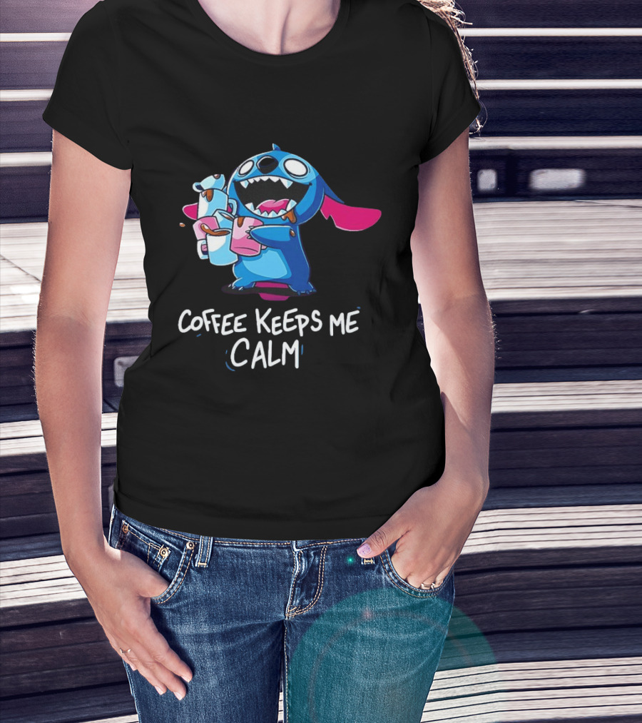 Stitch Coffee Keeps Me Calm Cute Character Drinking Coffee T-Shirt