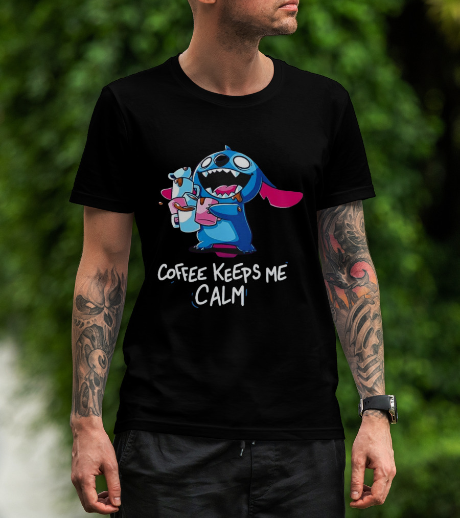 Stitch Coffee Keeps Me Calm Cute Character Drinking Coffee T-Shirt