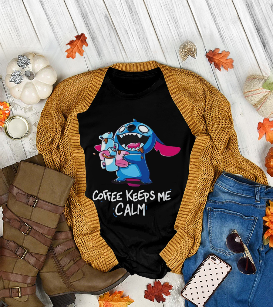 Stitch Coffee Keeps Me Calm Cute Character Drinking Coffee T-Shirt