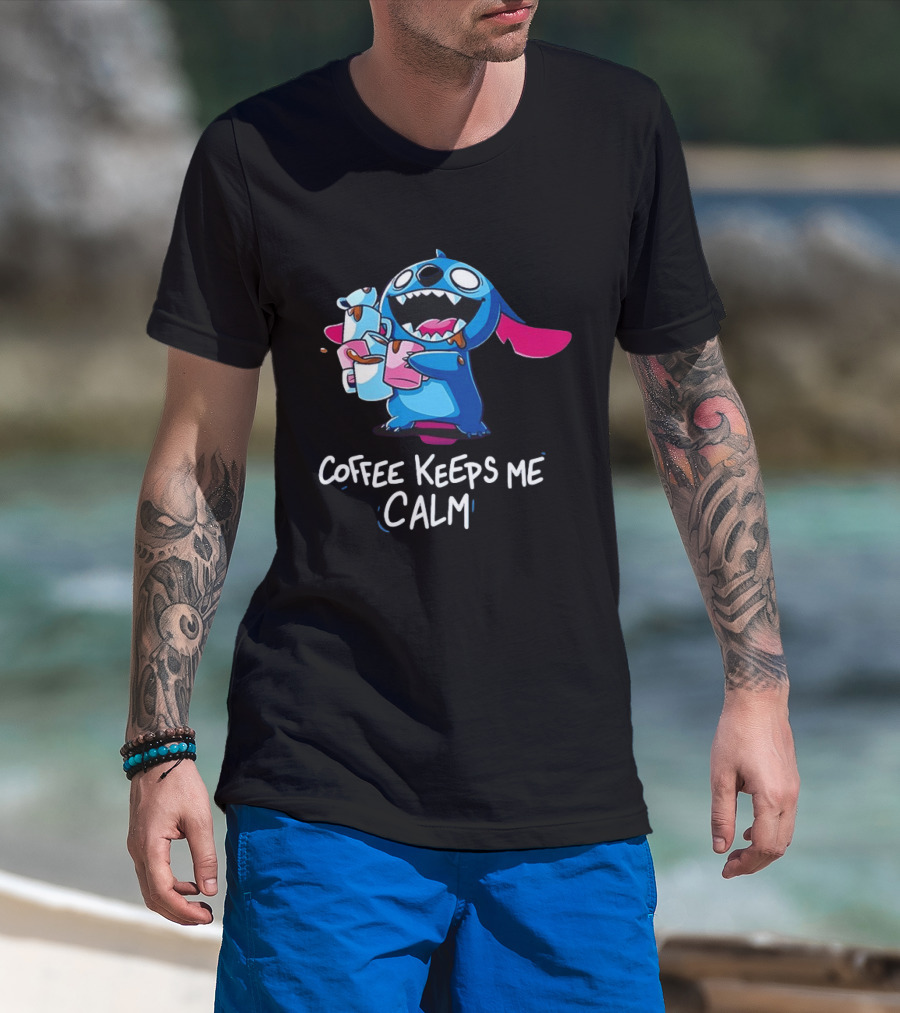 Stitch Coffee Keeps Me Calm Cute Character Drinking Coffee T-Shirt