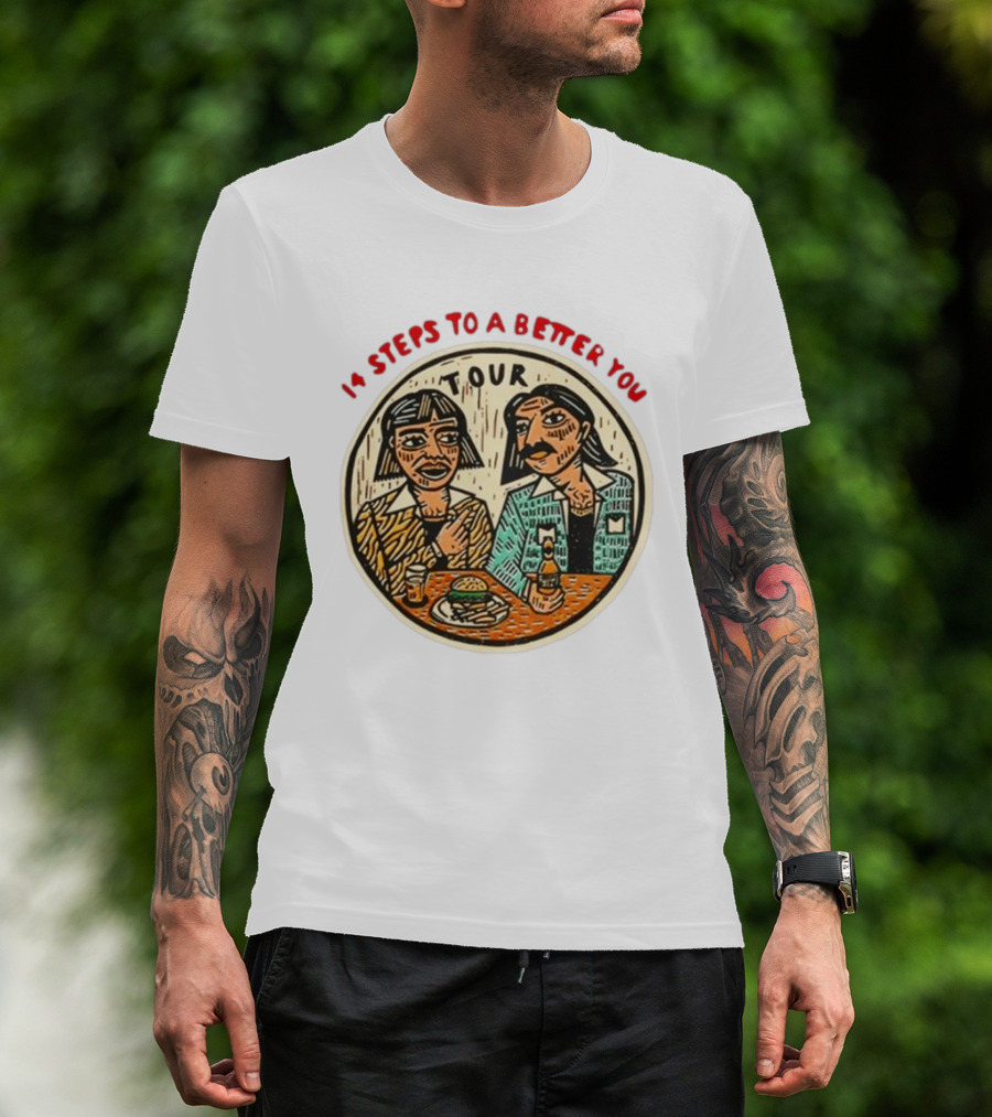 14 Steps To A Better You Tour Oval Illustration With Two Seated Individuals T-Shirt